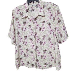 Classic Collection Shirt For Women 1X White Floral Hidden Buttons Lightweight